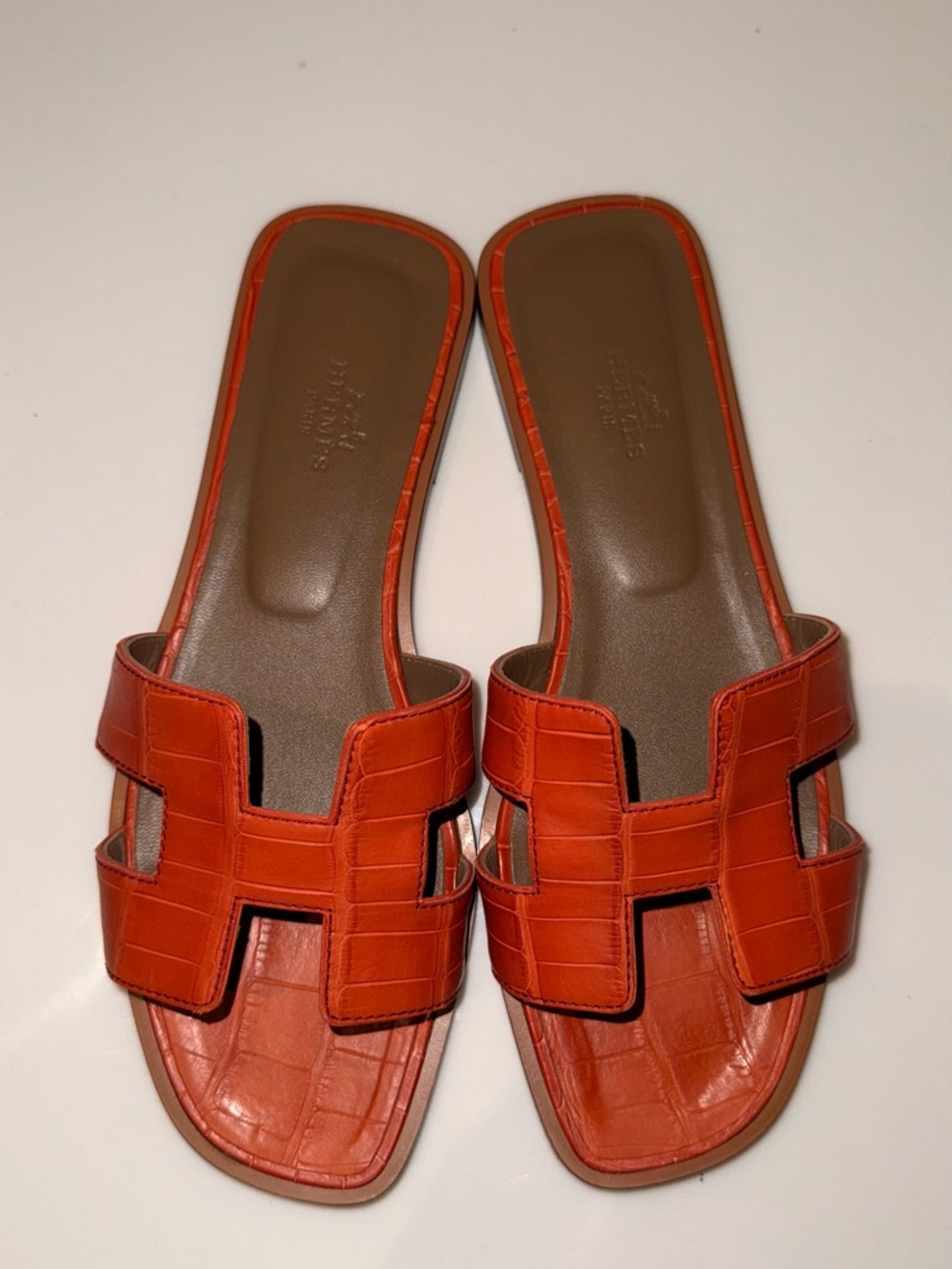 Hermes Orange Croc Oran Slide Sandals - Women